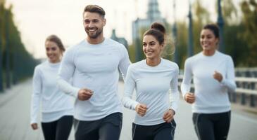 AI generated a group of laughing people run together in team photo