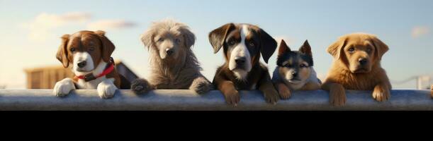 ai generado un grupo de perros son en un de madera cerca foto