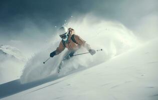 AI generated a skier in a white jacket riding downhill photo