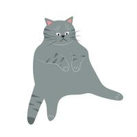 Cute fat sitting cat. Lazy fluffy funny cartoon character. Hand drawn vector illustration isolated on white background.