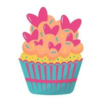Cupcake with hearts. Sweet cream dessert. Vector flat cartoon illustration.