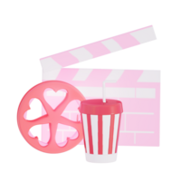 Valentijnsdag film nacht klepel bord met film haspel en drinken Aan transparant achtergrond, 3d renderen png