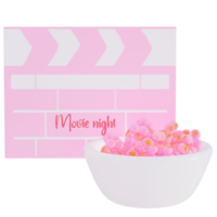 Valentine's movie night strawberry popcorn with clapper board on transparent background, 3D rendering png