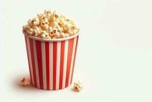 AI generated popcorn in striped cardboard bucket isolated on white background photo