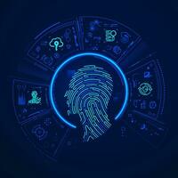 concept of biometrics or digital forensics technology, graphic of fingerprint combined with man head and futuristic element vector