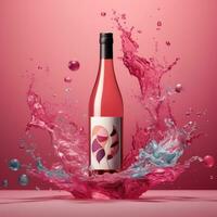 ai generado un vino botella con un chapoteo de rosado líquidos foto