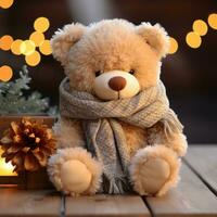 AI generated a bear in a scarf on a wooden table photo