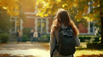 AI generated a beautiful young woman walking in a park wearing a backpack photo