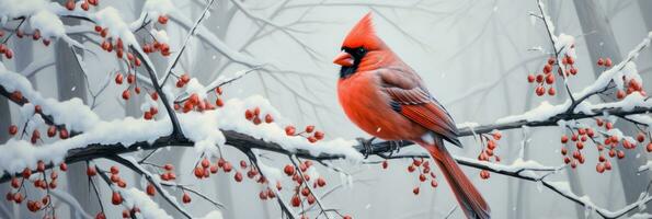 AI generated an adult red cardinal sitting on branches in the snow photo