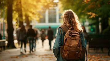 AI generated a beautiful young woman walking in a park wearing a backpack photo