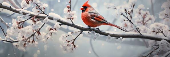 AI generated an adult red cardinal sitting on branches in the snow photo
