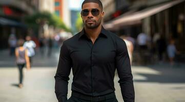 AI generated black man in city street shirt photo