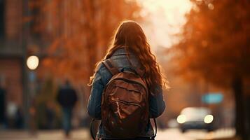 ai generado un hermosa joven mujer caminando en un parque vistiendo un mochila foto