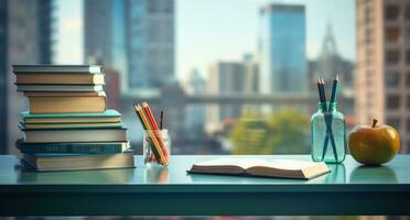 AI generated a notebook, pencils, and books on a desk photo