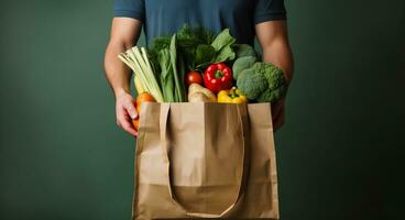 AI generated a man in an apron is standing holding a paper bag that has a bag of vegetables photo