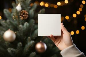 AI generated a person holding a white card in front of a christmas tree photo