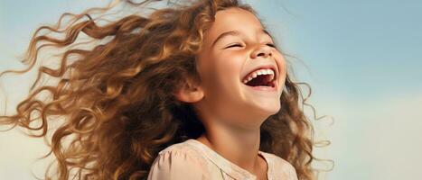 AI generated a young girl with long curly hair laughing photo