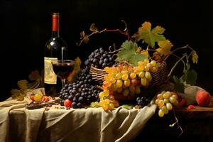 AI generated Still life with wine, grapes and autumn leaves on a dark background, A charming still life of fruits and a bottle of wine, AI Generated photo