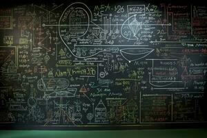 AI generated Blackboard with formulas and symbols of physics, chemistry and biology, A chalkboard filled with mathematical formulas written by a genius student, AI Generated photo