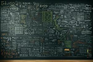 AI generated Chalkboard background with a lot of mathematical formulas. Back to school concept, A chalkboard filled with mathematical formulas written by a genius student, AI Generated photo