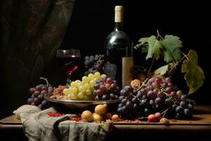 AI generated Still life with red wine, grapes and fruits on rustic background, A charming still life of fruits and a bottle of wine, AI Generated photo