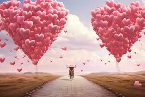 ai generado bicicleta con corazón conformado globos en el la carretera. 3d representación, un bicicleta paseo debajo un cielo lleno de amor corazón globos, ai generado foto