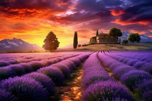 AI generated Lavender field at sunset in Provence, France, A captivating sunset over a picturesque lavender field, AI Generated photo