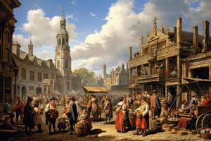 AI generated Digital composite of Medieval scene with people in front of Bruges, A bustling marketplace in a Moroccan city, AI Generated photo