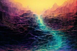 AI generated Abstract background. 3d rendering, 3d illustration. Computer digital drawing, A cascading waterfall of pixelated colors, simulating a digital glitch, AI Generated photo