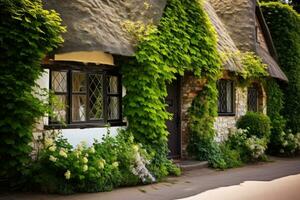 AI generated Old house with thatched roof and flowers in the garden, UK, A charming English cottage with ivy-covered walls and a thatched roof, AI Generated photo