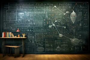AI generated Back to school concept with black chalkboard and school supplies. 3D Rendering, A chalkboard filled with mathematical formulas written by a genius student, AI Generated photo