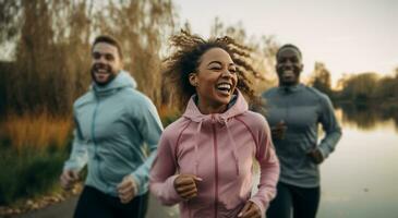 AI generated a group of laughing people run together in team photo