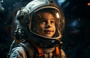 AI generated little girl astronaut in space photo
