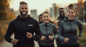 AI generated a group of laughing people run together in team photo