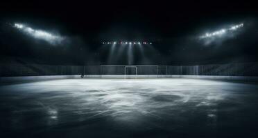 ai generado un oscuro campo en frente de un arena con un hockey red en pie en el medio en negro foto