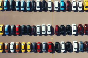 AI generated a large number of cars lined up in a parking lot photo