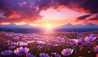 AI generated a pink flower field with a beautiful sunset photo