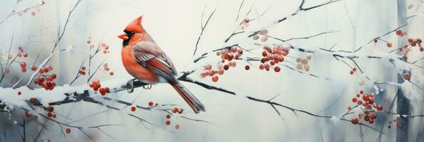 AI generated a red cardinal is sitting on a branch covered with red berries photo