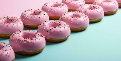 AI generated a row of light pink and brown donuts on top of a pink background photo