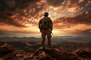 AI generated soldier in the us army standing on top of sand mountain photo