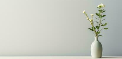 ai generado un blanco florero sentado en un mesa en contra un blanco pared foto