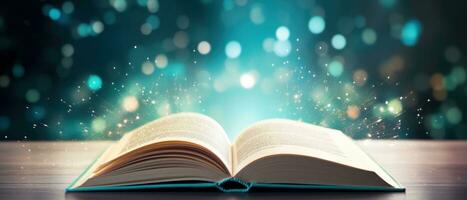 AI generated an open book on a table with lights bokeh photo