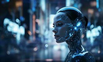 AI generated a blythe machine woman is standing in front of the city photo