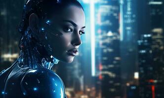 AI generated a blythe machine woman is standing in front of the city photo