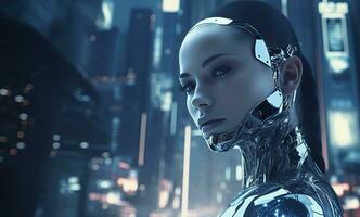 AI generated a blythe machine woman is standing in front of the city photo