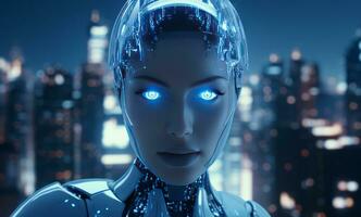 AI generated a blythe machine woman is standing in front of the city photo