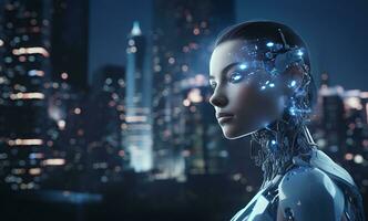 AI generated a blythe machine woman is standing in front of the city photo