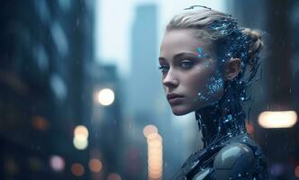 AI generated a blythe machine woman is standing in front of the city photo