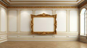 AI generated an art gallery with an empty frame hanging above a white floor, photo