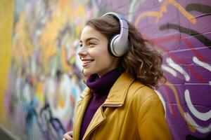 ai generado un joven mujer vistiendo auriculares propensión en contra un pared foto